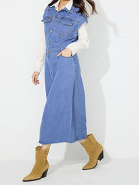 Slit Half Button Collared Neck Cap Sleeve Denim Dress - Pahabu - Women's Clothing & Shop