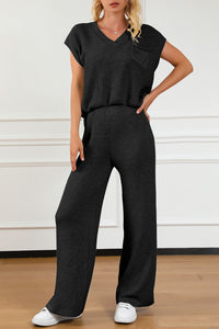 Pocketed V-Neck Top and Wide Leg Sweater Set - Pahabu - Women's Clothing & Shop