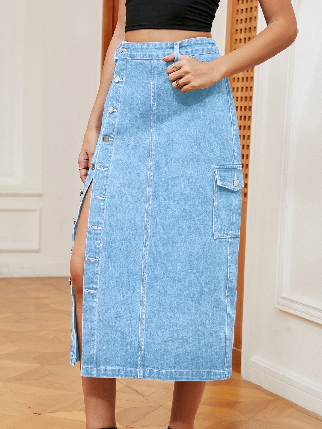 Button Down Midi Denim Skirt - Pahabu - Women's Clothing & Shop