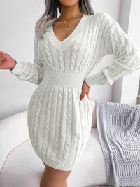 Cable-Knit V-Neck Mini Sweater Dress - Pahabu - Women's Clothing & Shop
