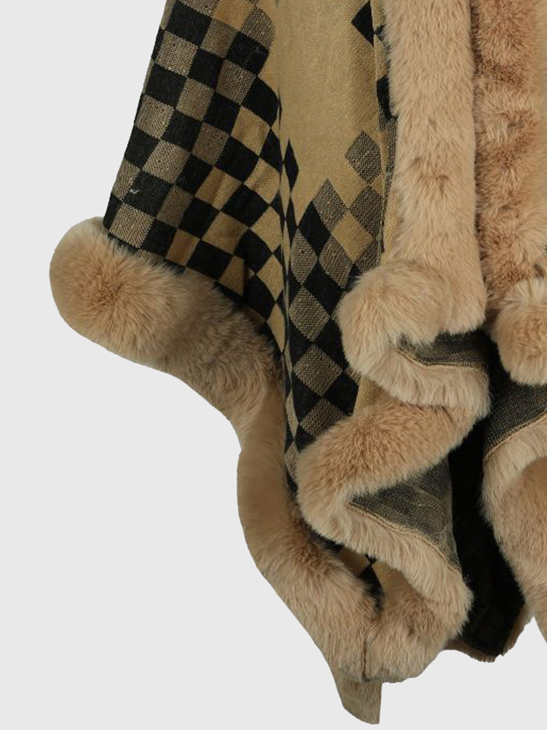 Checkered Faux Fur Trim Poncho - Pahabu - Women's Clothing & Shop
