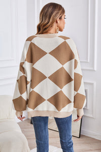 Geometric Lantern Sleeve Cardigan with Pockets - Pahabu - Women's Clothing & Shop