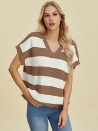 Double Take Full Size Striped V-Neck Short Sleeve Sweater - Pahabu - Women's Clothing & Shop