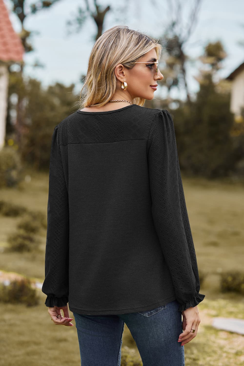 Round Neck Puff Sleeve Blouse - Pahabu - Women's Clothing & Shop