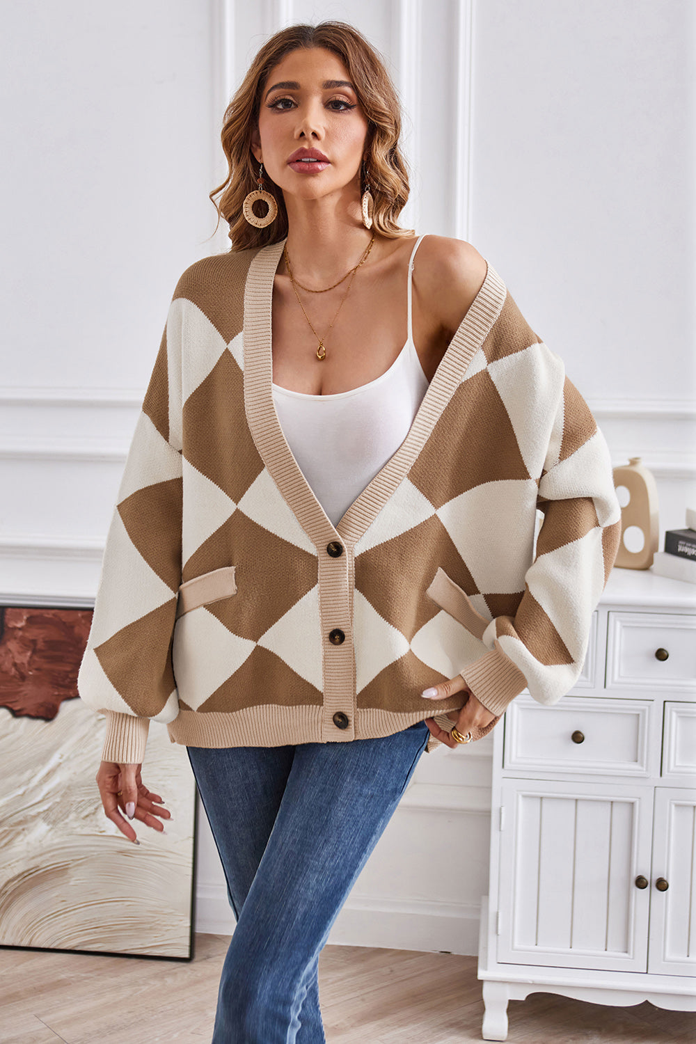 Geometric Lantern Sleeve Cardigan with Pockets - Pahabu - Women's Clothing & Shop