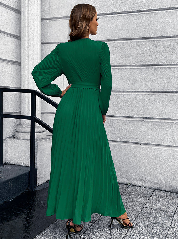 V-Neck Tie Waist Pleated Maxi Dress - Pahabu - Women's Clothing & Shop