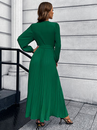V-Neck Tie Waist Pleated Maxi Dress - Pahabu - Women's Clothing & Shop