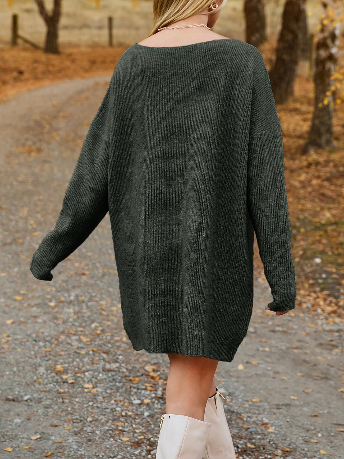 V-Neck Dropped Shoulder Sweater Dress - Pahabu - Women's Clothing & Shop