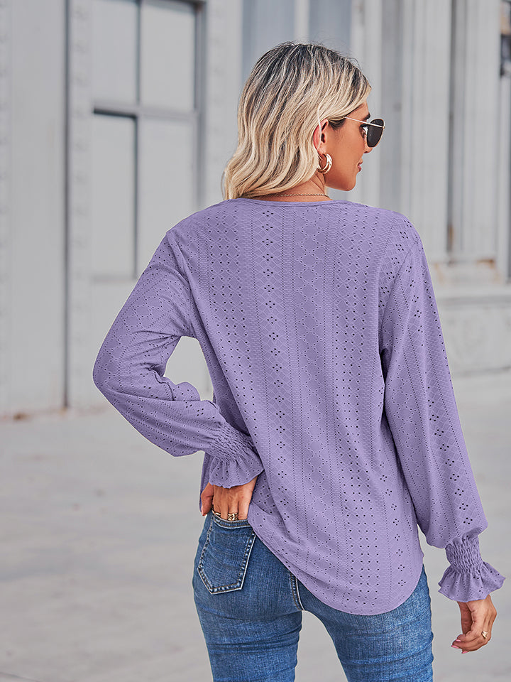 V-Neck Eyelet Flounce Sleeve Blouse - Pahabu - Women's Clothing & Shop