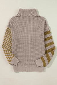 Striped & Checkered Turtleneck Dropped Shoulder Sweater - Pahabu - Women's Clothing & Shop