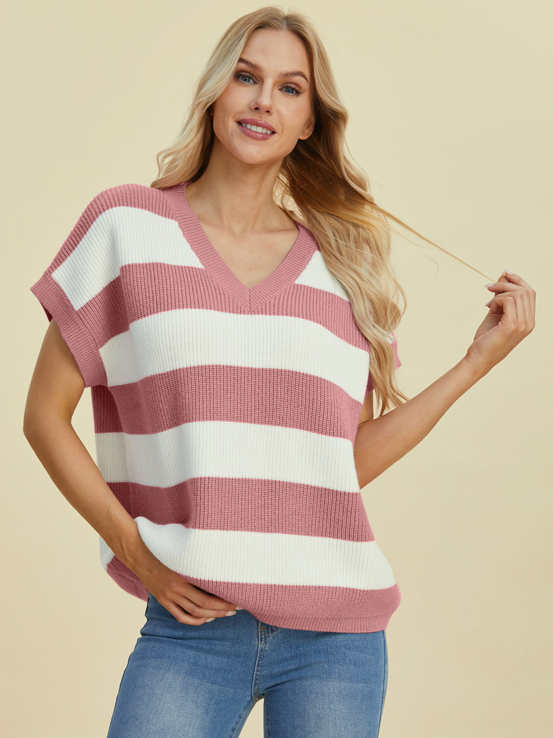 Double Take Full Size Striped V-Neck Short Sleeve Sweater - Pahabu - Women's Clothing & Shop