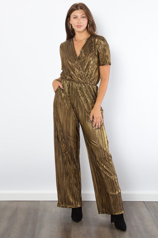 Be Stage Surplice Short Sleeve Pleated Foil Jumpsuit