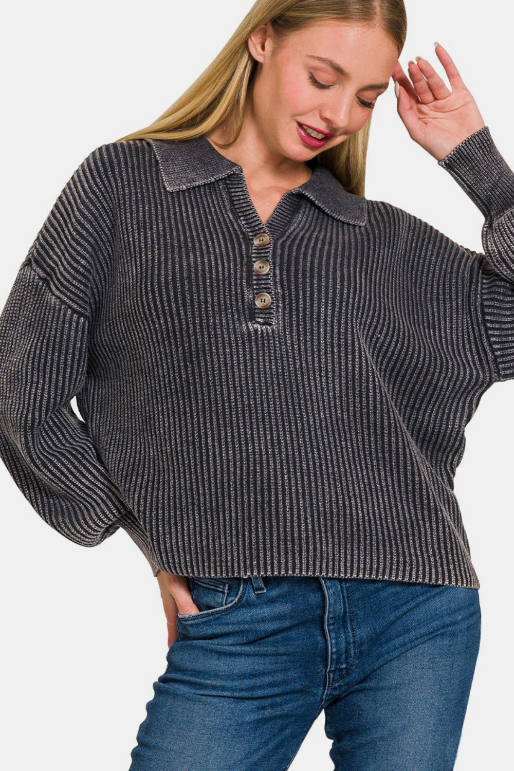 Zenana Washed Half Button Long Sleeve Sweater