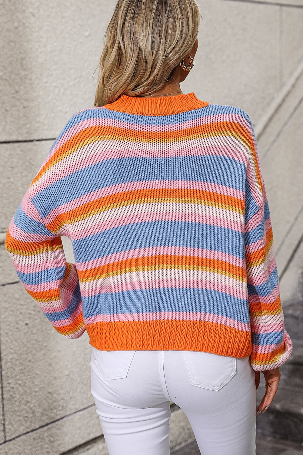Striped Round Neck Dropped Shoulder Sweater - Pahabu - Women's Clothing & Shop