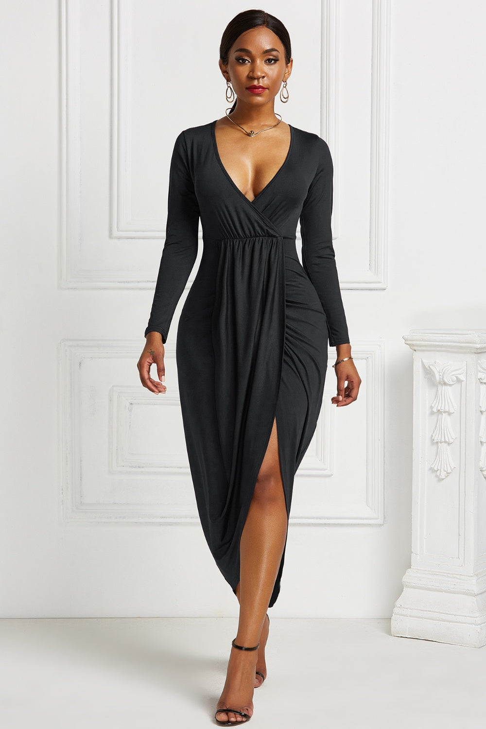 High-low Ruched Surplice Long Sleeve Dress - Pahabu - Women's Clothing & Shop