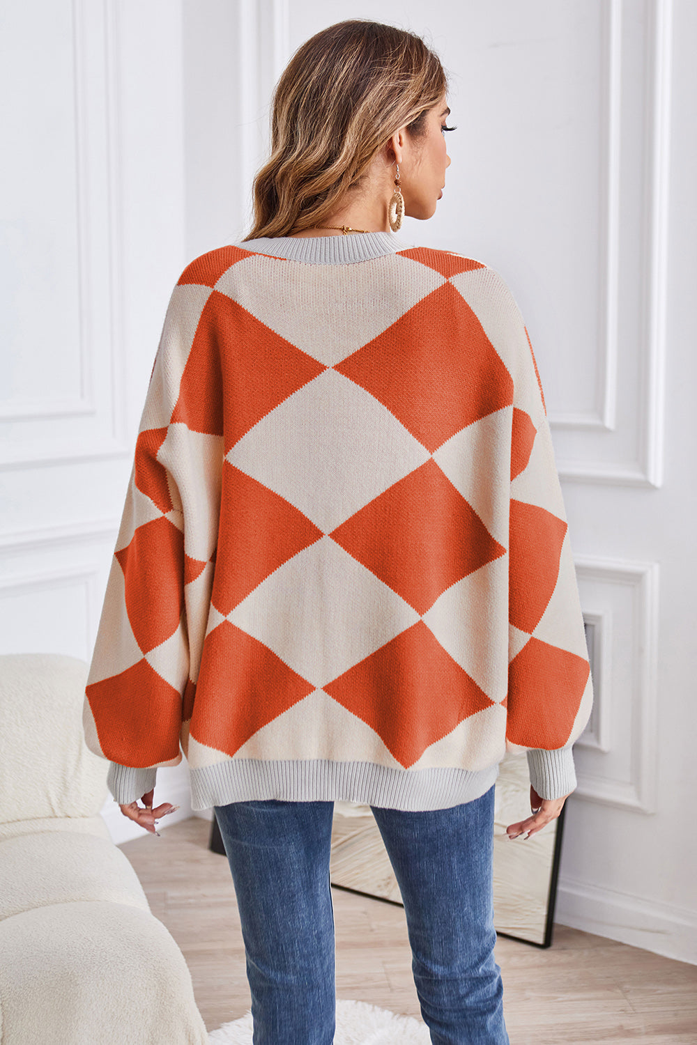 Geometric Lantern Sleeve Cardigan with Pockets - Pahabu - Women's Clothing & Shop