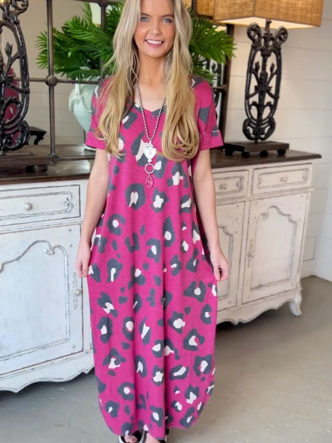Leopard Slit V-Neck Short Sleeve Maxi Dress - Pahabu - Women's Clothing & Shop