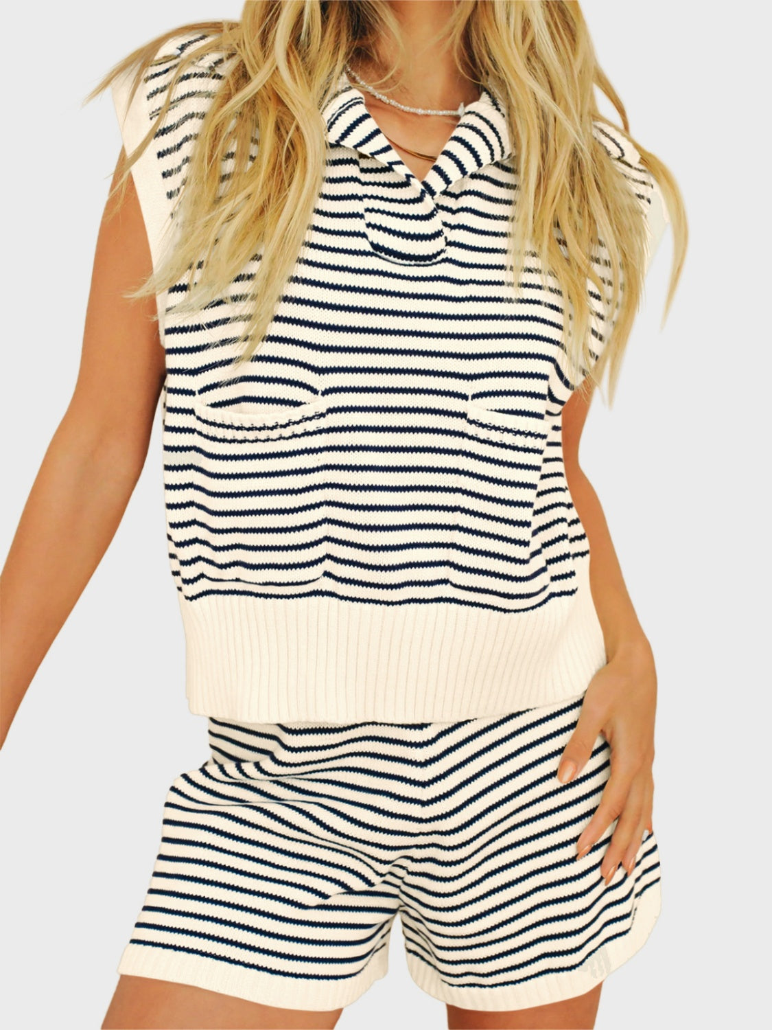 Striped Cap Sleeve Top and Shorts Sweater Set - Pahabu - Women's Clothing & Shop