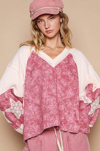 POL Lace Detail Floral Pattern V Neck Top