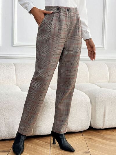 Perfee Plaid Straight Pants with Pockets - Pahabu - Women's Clothing & Shop