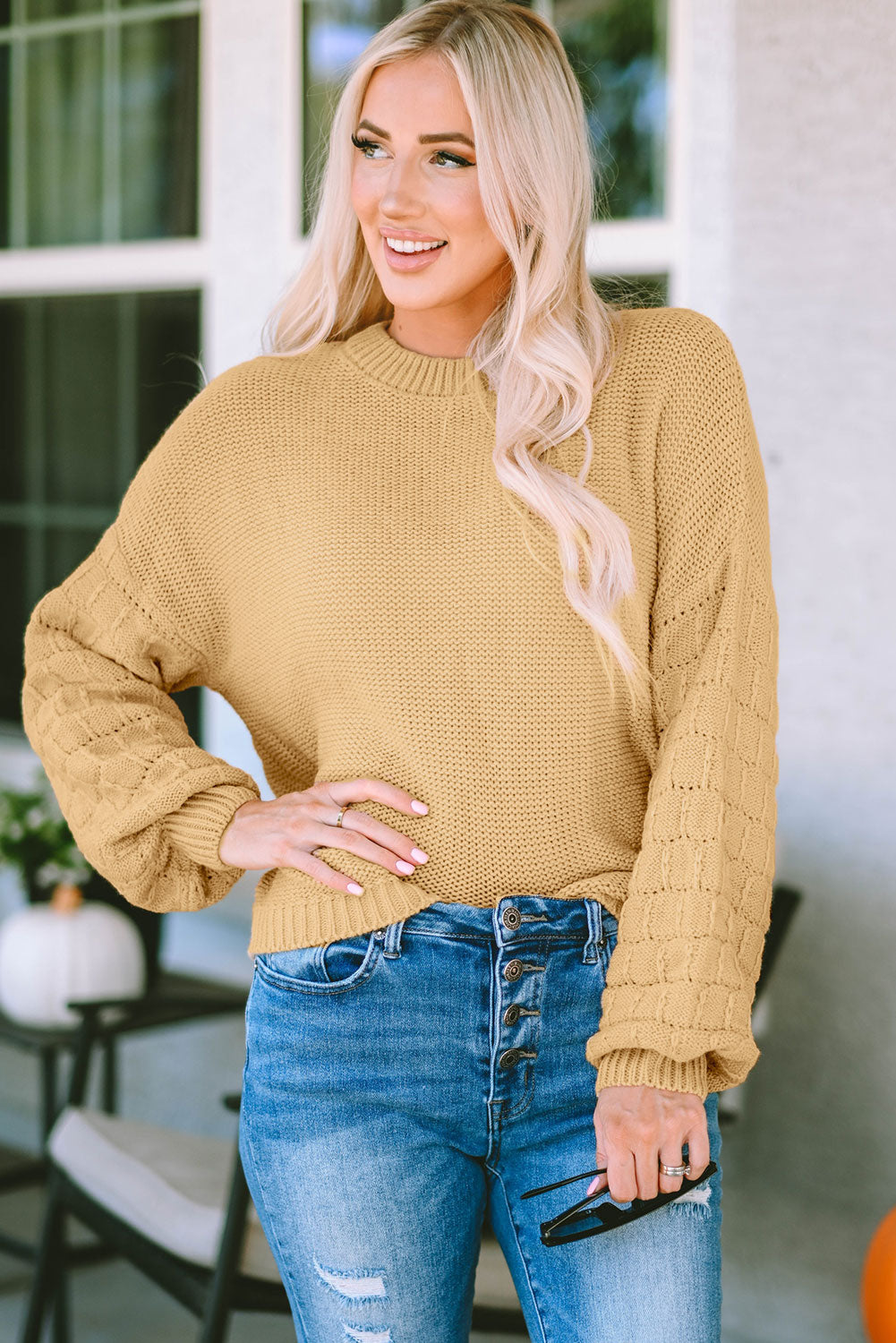 Round Neck Dropped Shoulder Waffle-Knit Sweater - Pahabu - Women's Clothing & Shop