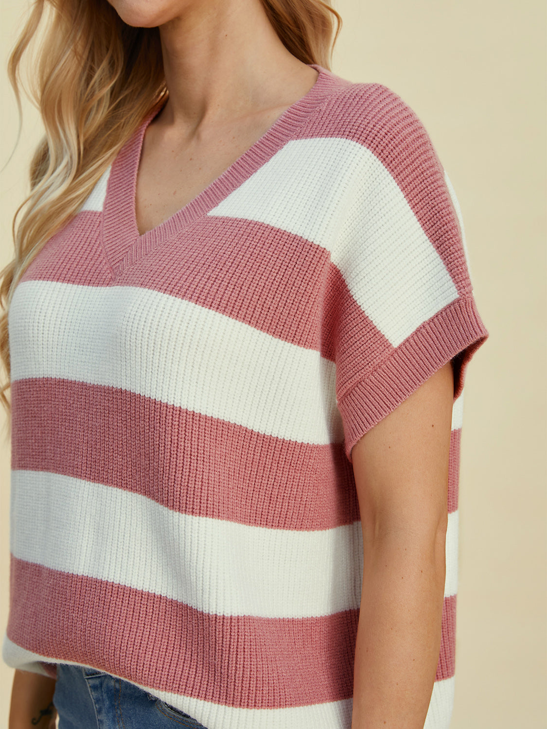 Double Take Full Size Striped V-Neck Short Sleeve Sweater - Pahabu - Women's Clothing & Shop