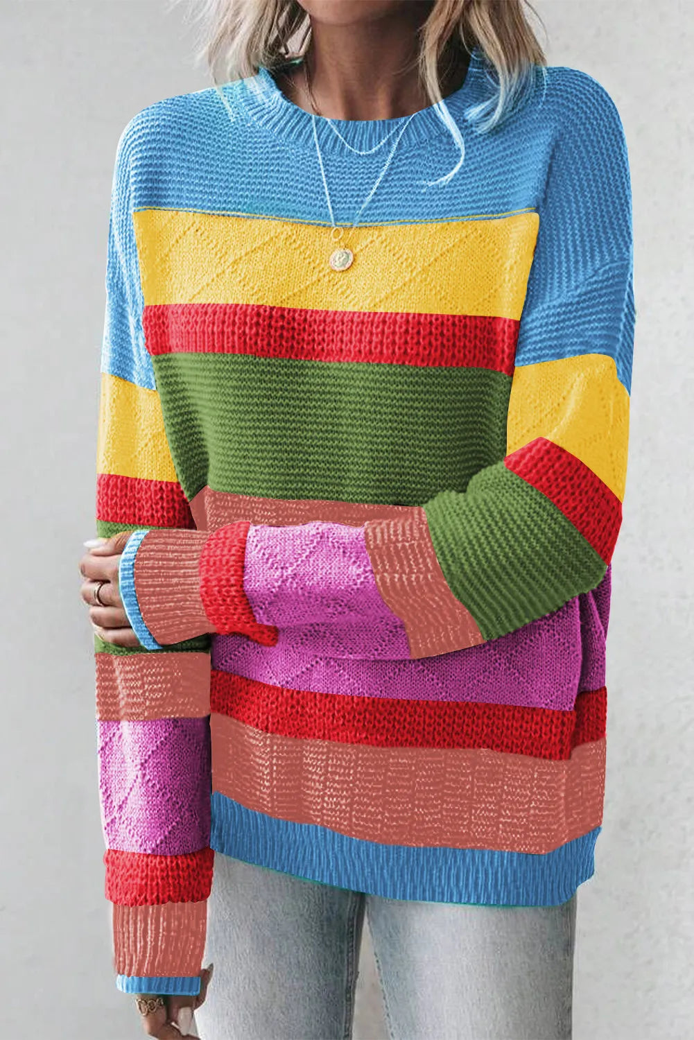 Contrast Round Neck Dropped Shoulder Sweater - Pahabu - Women's Clothing & Shop