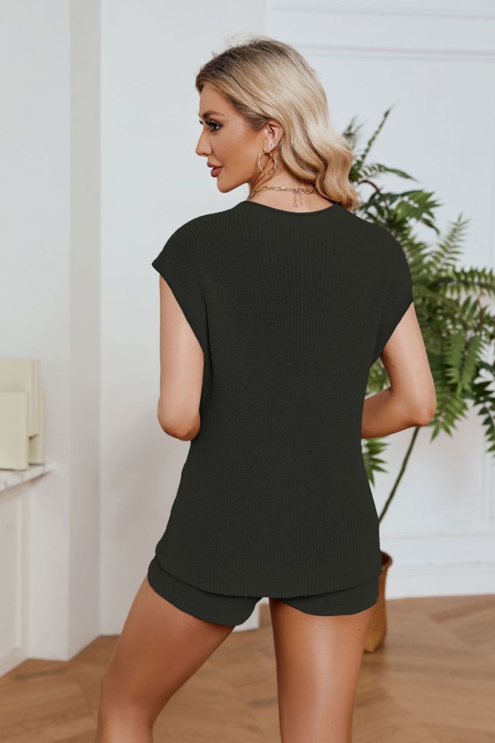 Round Neck Knit Top and Drawstring Shorts Set - Pahabu - Women's Clothing & Shop