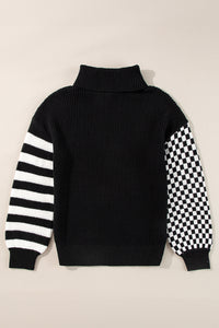 Striped & Checkered Turtleneck Dropped Shoulder Sweater - Pahabu - Women's Clothing & Shop