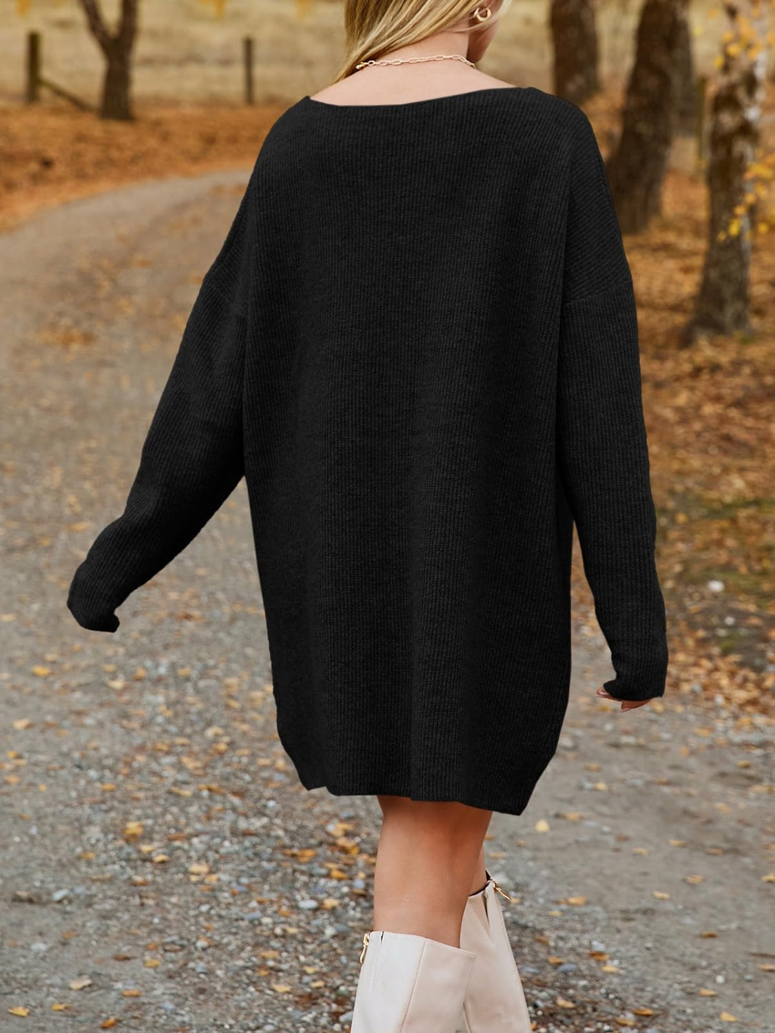 V-Neck Dropped Shoulder Sweater Dress - Pahabu - Women's Clothing & Shop