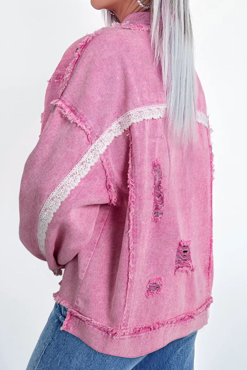 Lace Detail Distressed Raw Hem Long Sleeve Denim Jacket - Pahabu - Women's Clothing & Shop