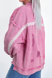 Lace Detail Distressed Raw Hem Long Sleeve Denim Jacket - Pahabu - Women's Clothing & Shop
