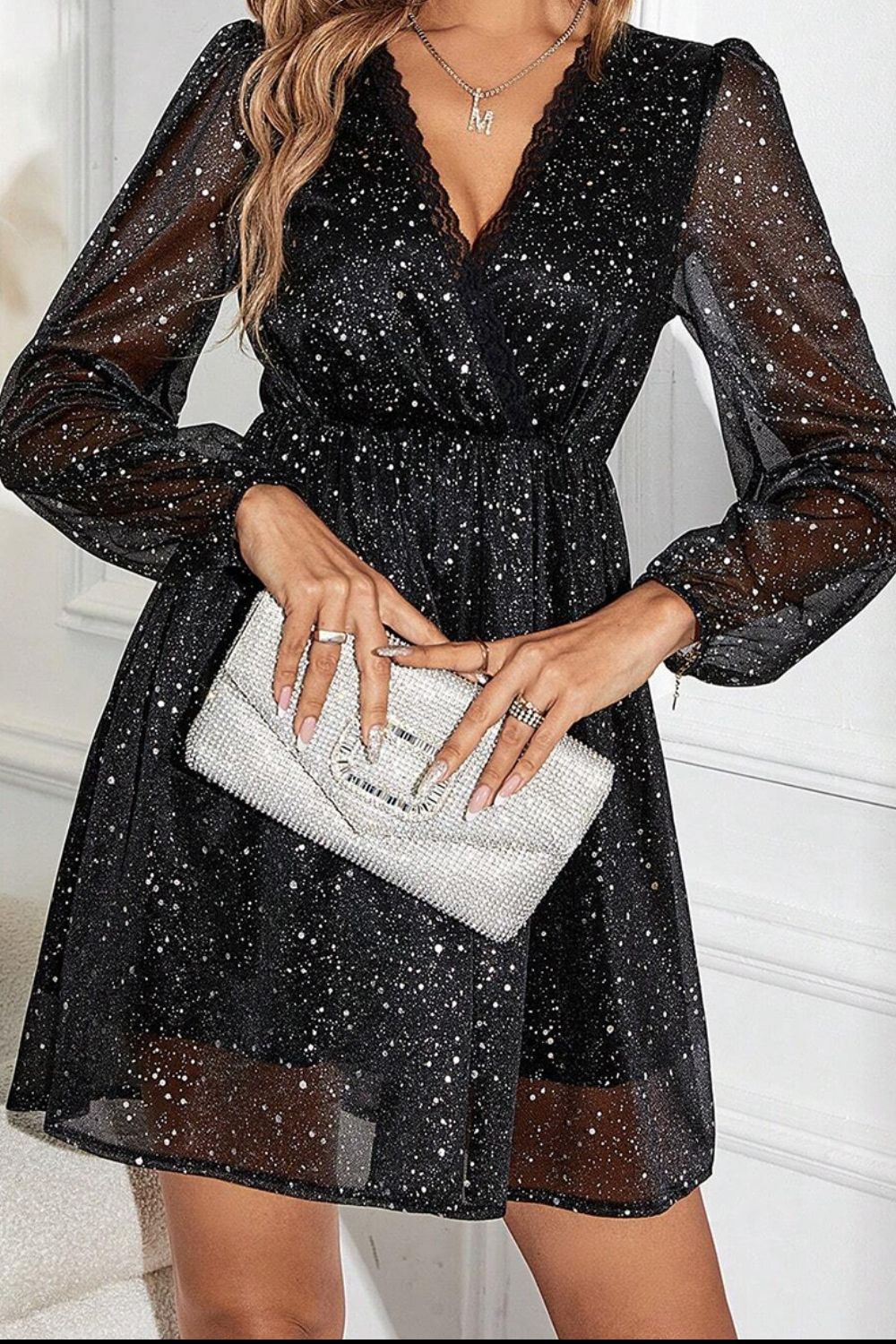 Glitter Surplice Long Sleeve Mini Dress - Pahabu - Women's Clothing & Shop