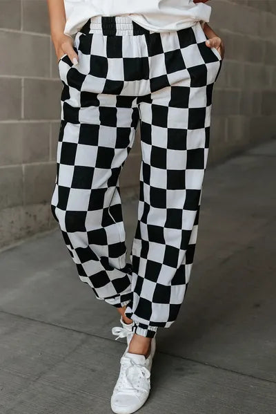 Checkered Elastic Waist Joggers - Pahabu - Women's Clothing & Shop