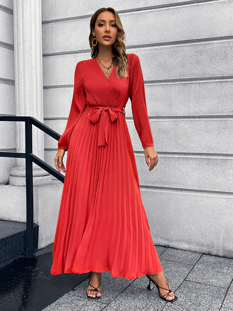 V-Neck Tie Waist Pleated Maxi Dress - Pahabu - Women's Clothing & Shop