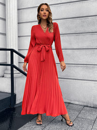 V-Neck Tie Waist Pleated Maxi Dress - Pahabu - Women's Clothing & Shop