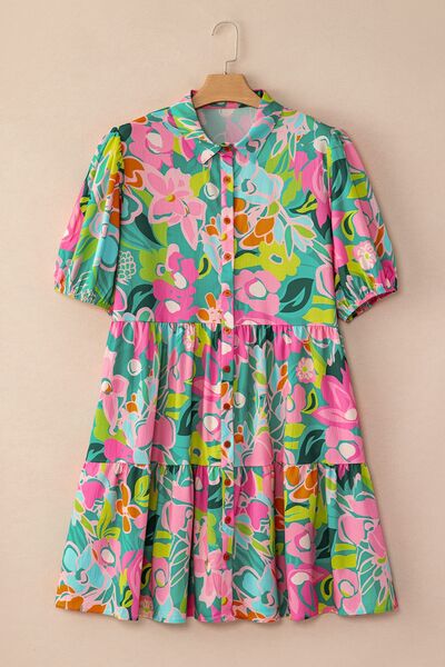 Printed Collared Neck Puff Sleeve Mini Dress - Pahabu - Women's Clothing & Shop
