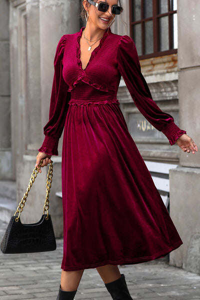 Perfee Smocked Lantern Sleeve Midi Dress - Pahabu - Women's Clothing & Shop