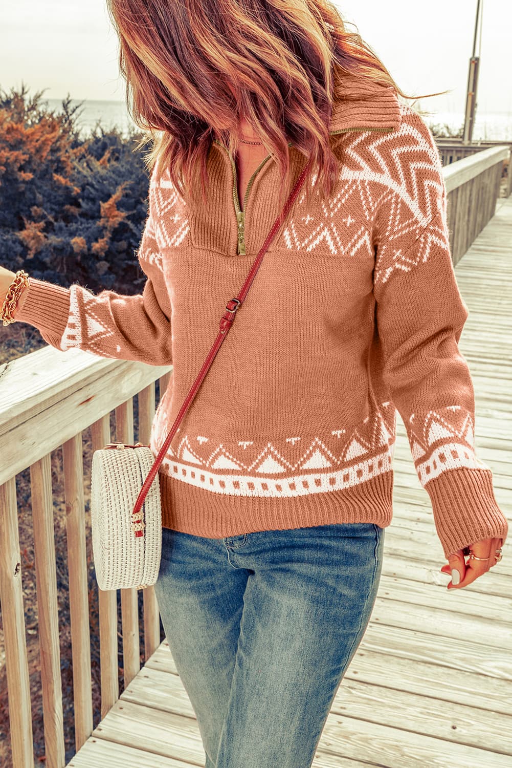 Zip-Up Mock Neck Dropped Shoulder Pullover Sweater - Pahabu - Women's Clothing & Shop