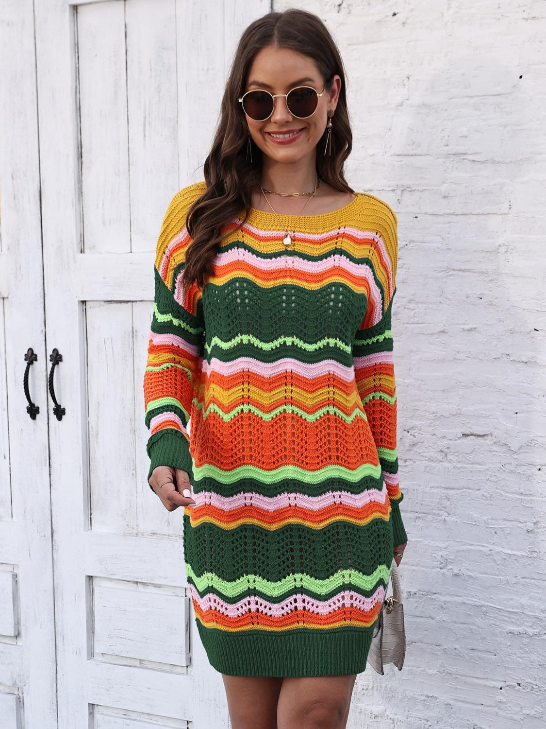 Openwork Round Neck Sweater Dress - Pahabu - Women's Clothing & Shop