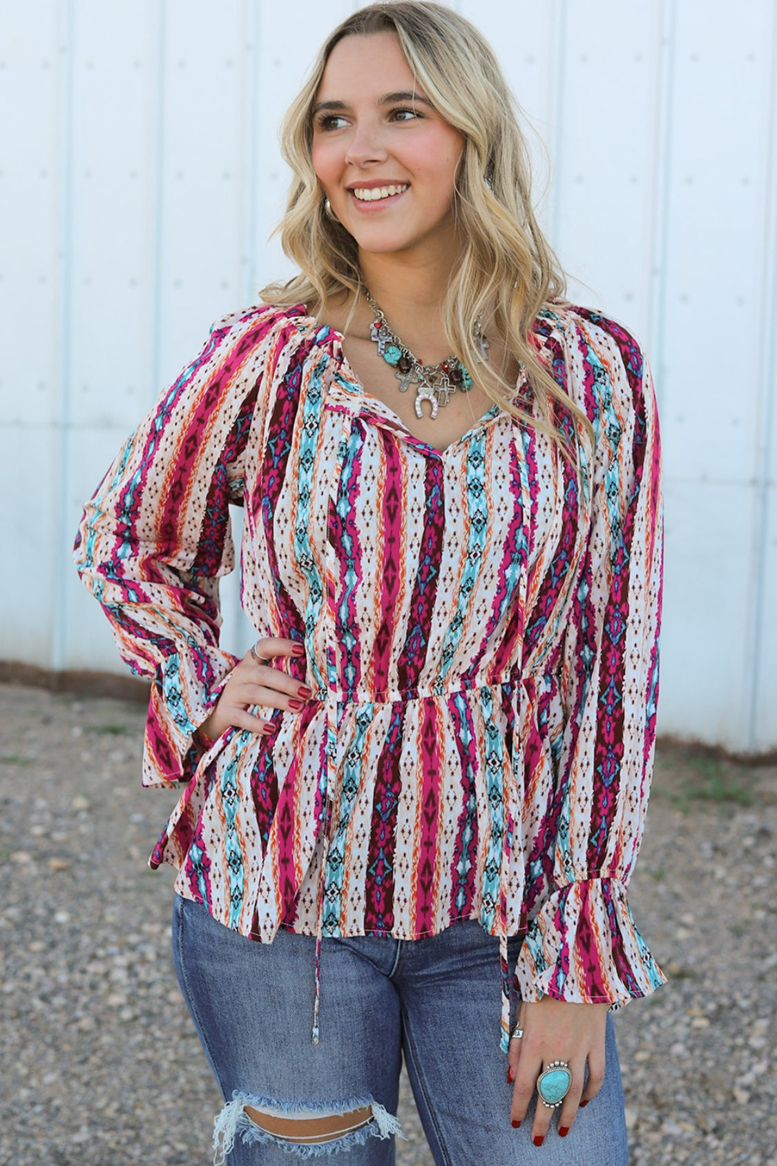 Multicolour Western Print Split Neck Peplum Blouse - Pahabu - Women's Clothing & Shop