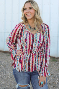 Multicolour Western Print Split Neck Peplum Blouse - Pahabu - Women's Clothing & Shop