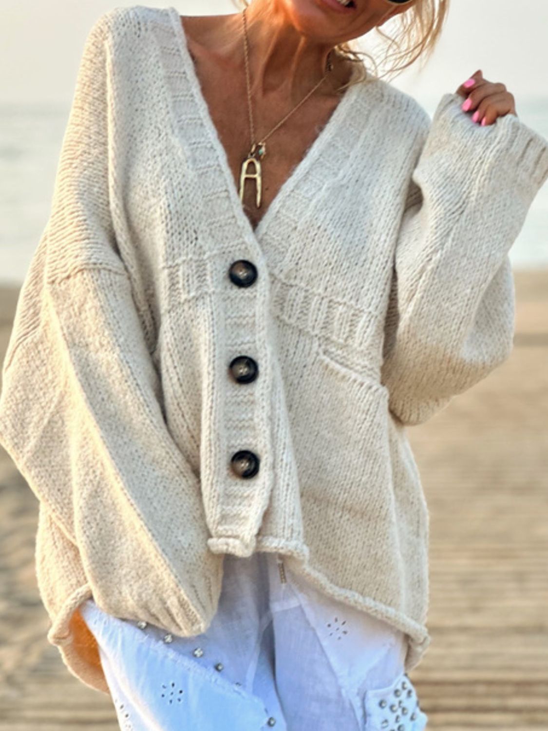Pocketed V-Neck Button Up Cardigan - Pahabu - Women's Clothing & Shop