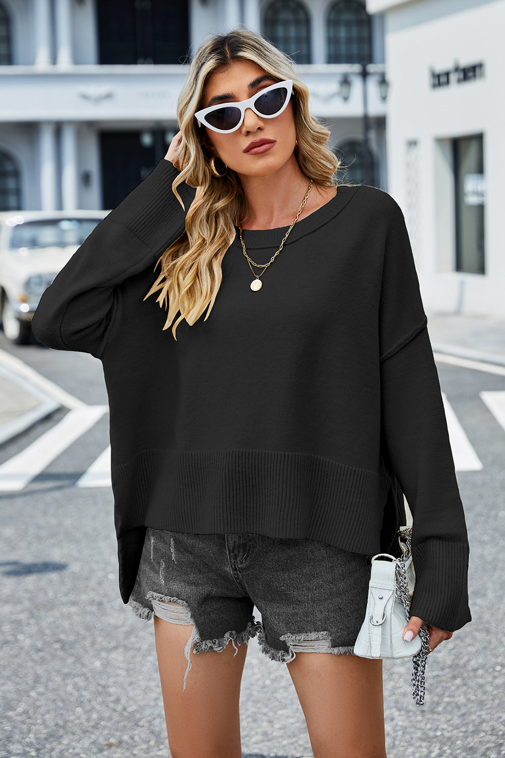 High-Low Slit Round Neck Long Sleeve Sweater - Pahabu - Women's Clothing & Shop