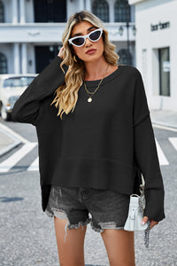 High-Low Slit Round Neck Long Sleeve Sweater - Pahabu - Women's Clothing & Shop