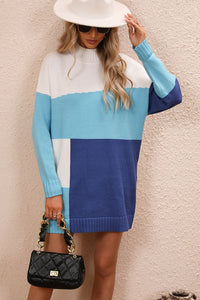 Color Block Mock Neck Dropped Shoulder Sweater Dress - Pahabu - Women's Clothing & Shop