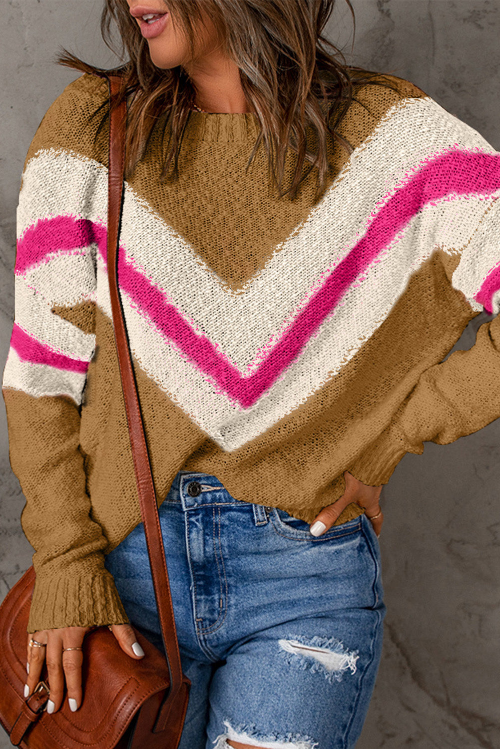 Contrast Round Neck Dropped Shoulder Sweater - Pahabu - Women's Clothing & Shop