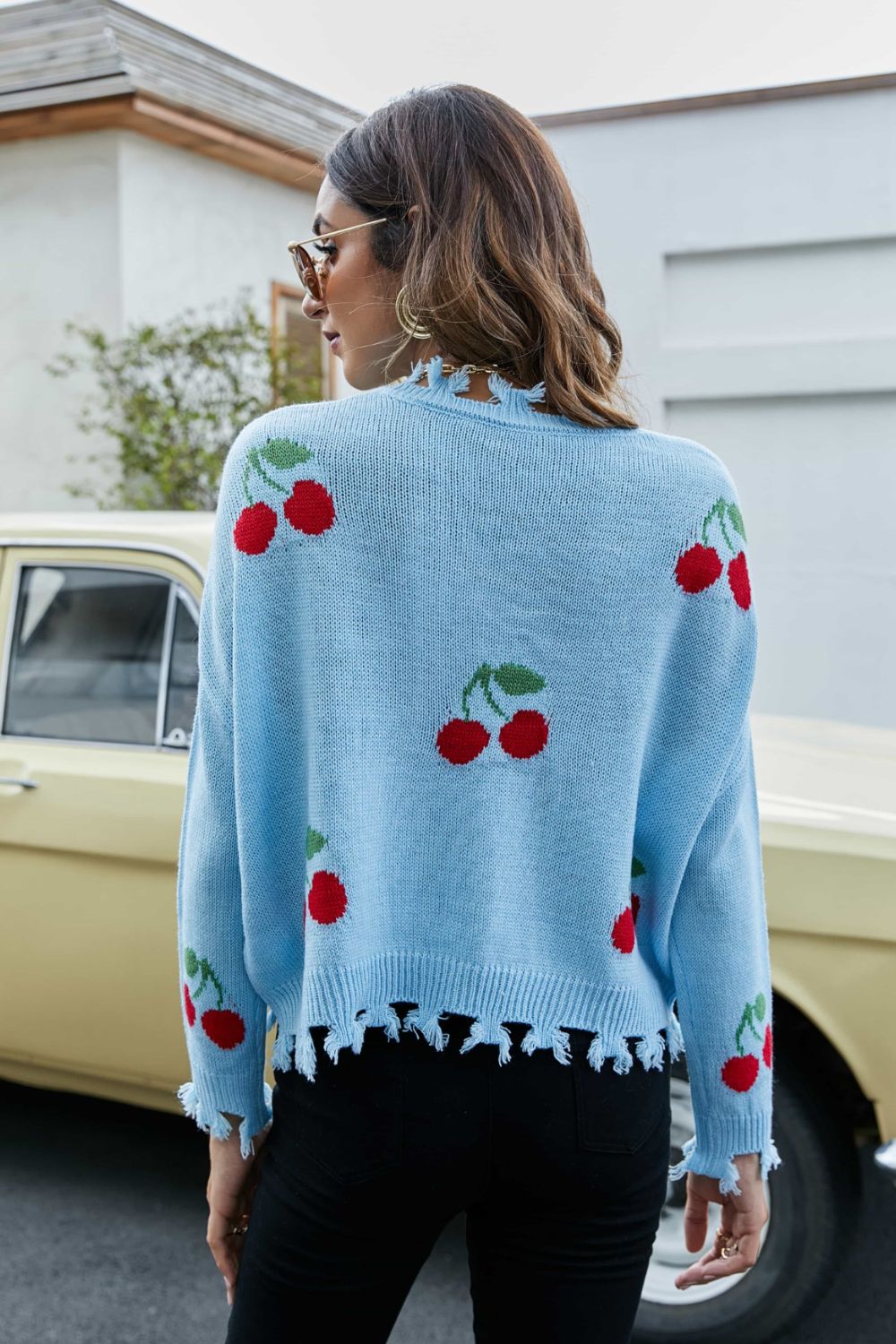 Cherry Pattern Frayed Trim V-Neck Sweater - Pahabu - Women's Clothing & Shop