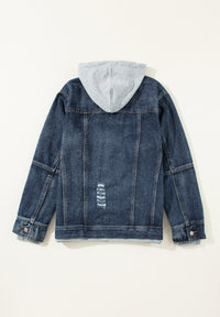 Contrast Zip-Up Hooded Denim Jacket - Pahabu - Women's Clothing & Shop