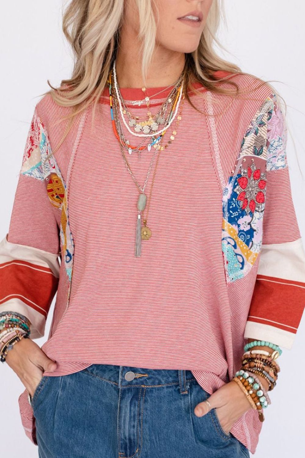 Striped Floral Patchwork Round Neck Top - Pahabu - Women's Clothing & Shop